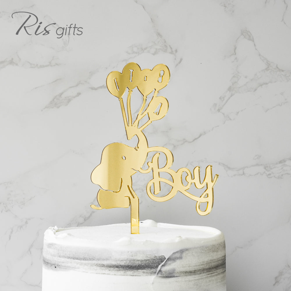 "Boy & Elephant" Gold Mirror Cake Topper | Gender Reveal Gifts | Special Occasions
