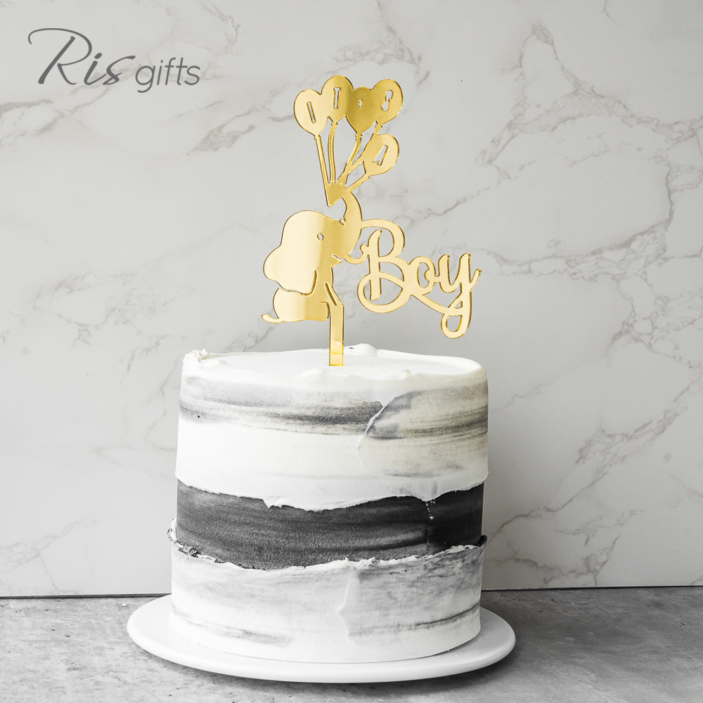 "Boy & Elephant" Gold Mirror Cake Topper | Gender Reveal Gifts | Special Occasions