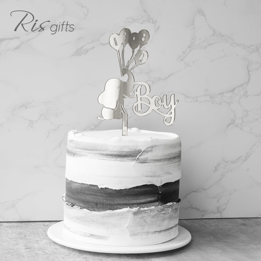 "Boy & Elephant" Silver Mirror Cake Topper | Gender Reveal Gifts | Special Occasions