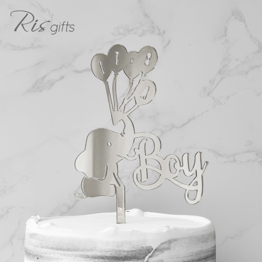 "Boy & Elephant" Silver Mirror Cake Topper | Gender Reveal Gifts | Special Occasions