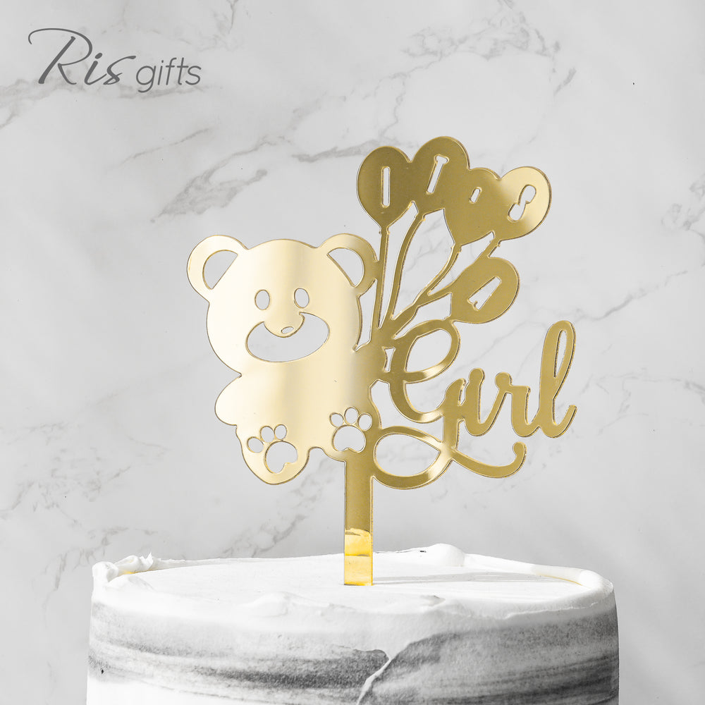 'Girl & Bear' Gold Mirror Cake Topper | Cake Decoration | Made in Hong Kong | Gender Reveal Gifts | Special Occasions