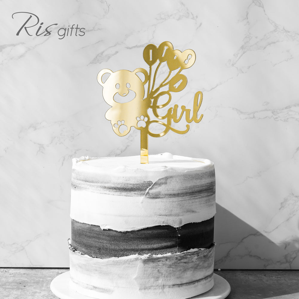 'Girl & Bear' Gold Mirror Cake Topper | Cake Decoration | Made in Hong Kong | Gender Reveal Gifts | Special Occasions