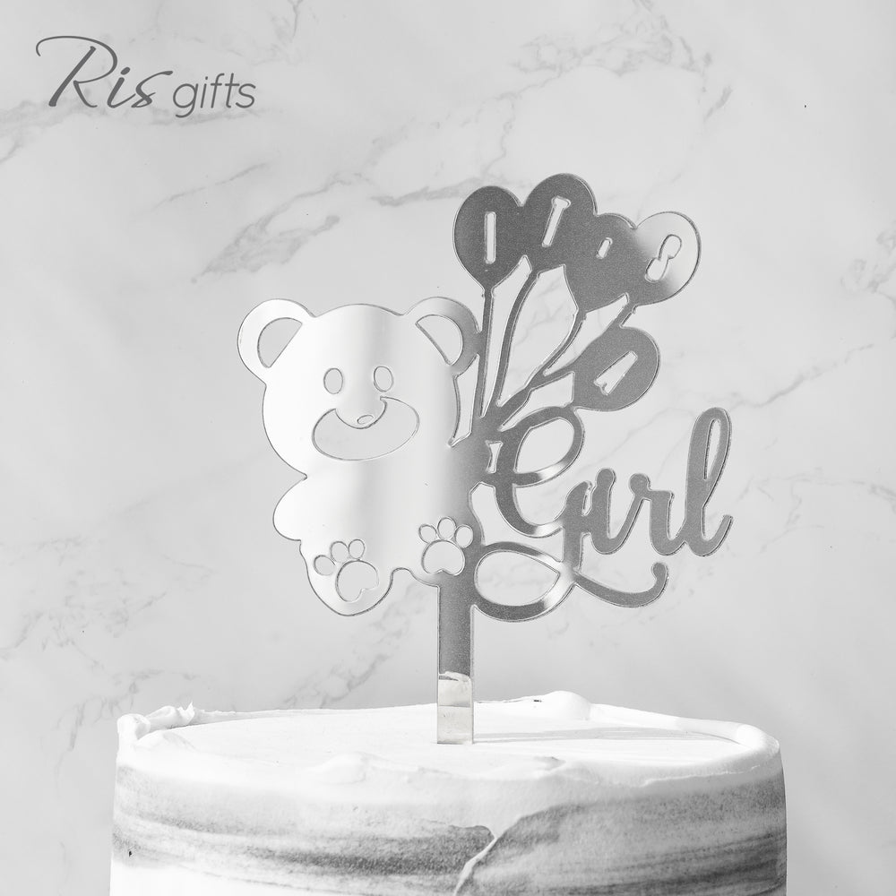 'Girl & Bear' Silver Mirror Cake Topper | Cake Decoration | Made in Hong Kong | Gender Reveal Gifts | Special Occasions