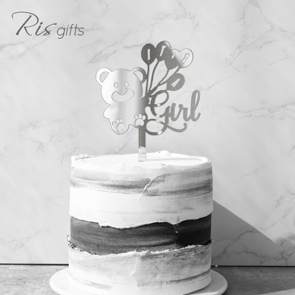 'Girl & Bear' Silver Mirror Cake Topper | Cake Decoration | Made in Hong Kong | Gender Reveal Gifts | Special Occasions