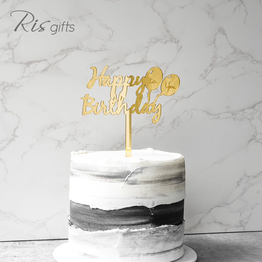 "Happy Birthday Balloons" Gold Mirror Cake Topper | Birthday Gifts | Special Occasions | Cake Decoration | Made in Hong Kong