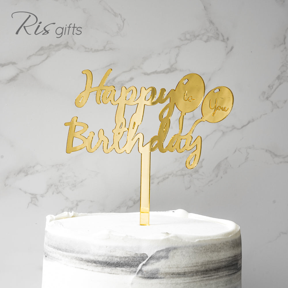 "Happy Birthday Balloons" Gold Mirror Cake Topper | Birthday Gifts | Special Occasions | Cake Decoration | Made in Hong Kong