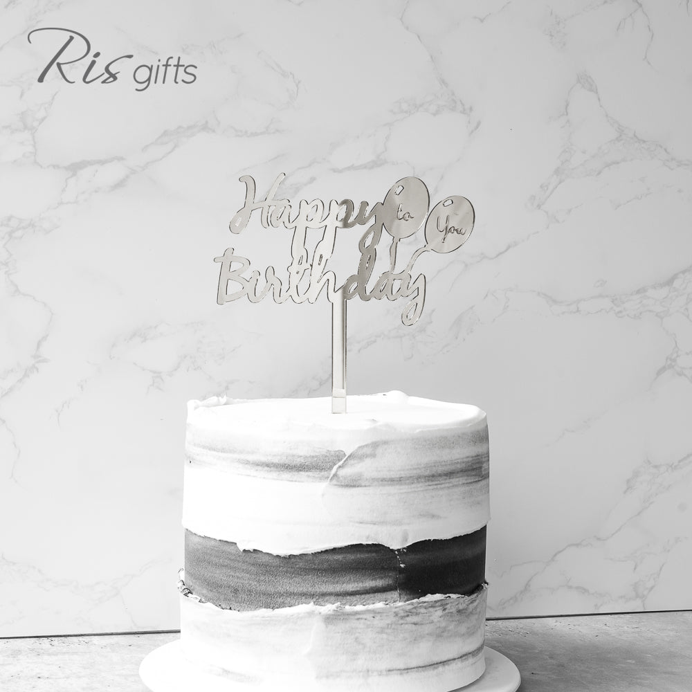 "Happy Birthday Balloons" Silver Mirror Cake Topper | Birthday Gifts | Special Occasions | Cake Decoration | Made in Hong Kong