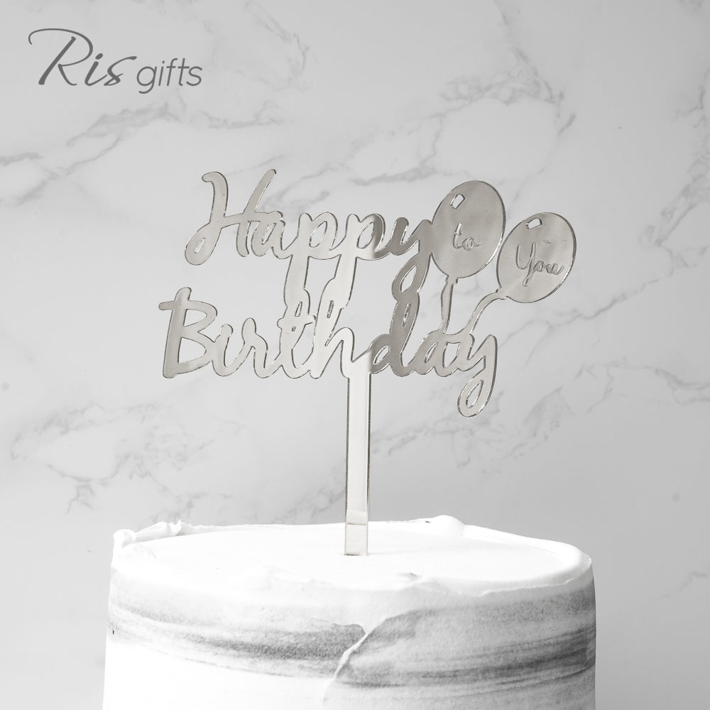 "Happy Birthday Balloons" Silver Mirror Cake Topper | Birthday Gifts | Special Occasions | Cake Decoration | Made in Hong Kong
