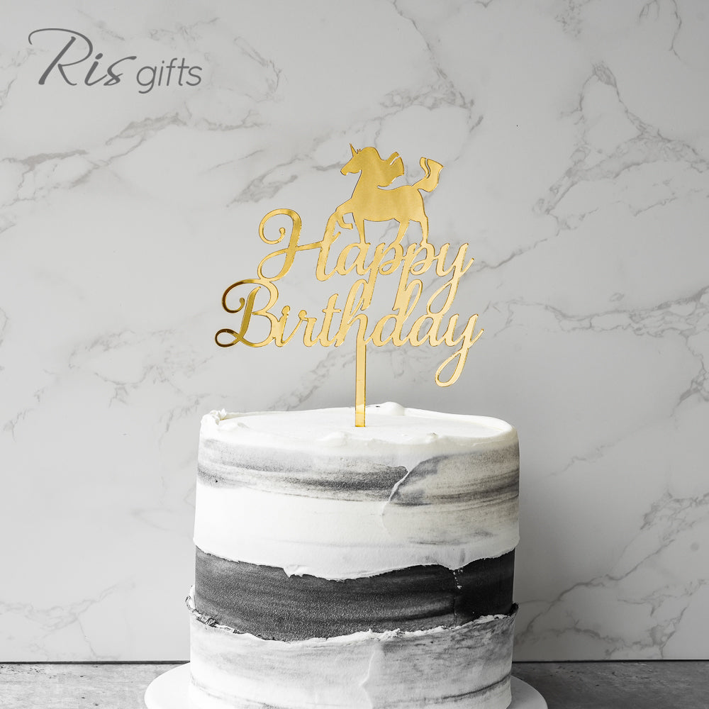 "Happy Birthday Unicorn" Gold Mirror Cake Topper | Birthday Gifts | Special Occasions | Cake Decoration | Made in Hong Kong