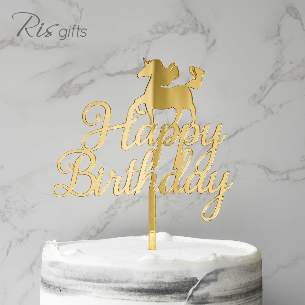 "Happy Birthday Unicorn" Gold Mirror Cake Topper | Birthday Gifts | Special Occasions | Cake Decoration | Made in Hong Kong