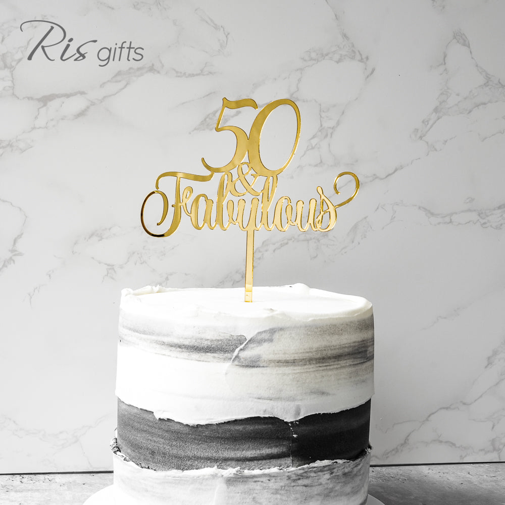 "50 & Fabulous" Gold Mirror Cake Topper | Birthday Gifts | Special Ocassions | Cake Decoration | Made in Hong Kong