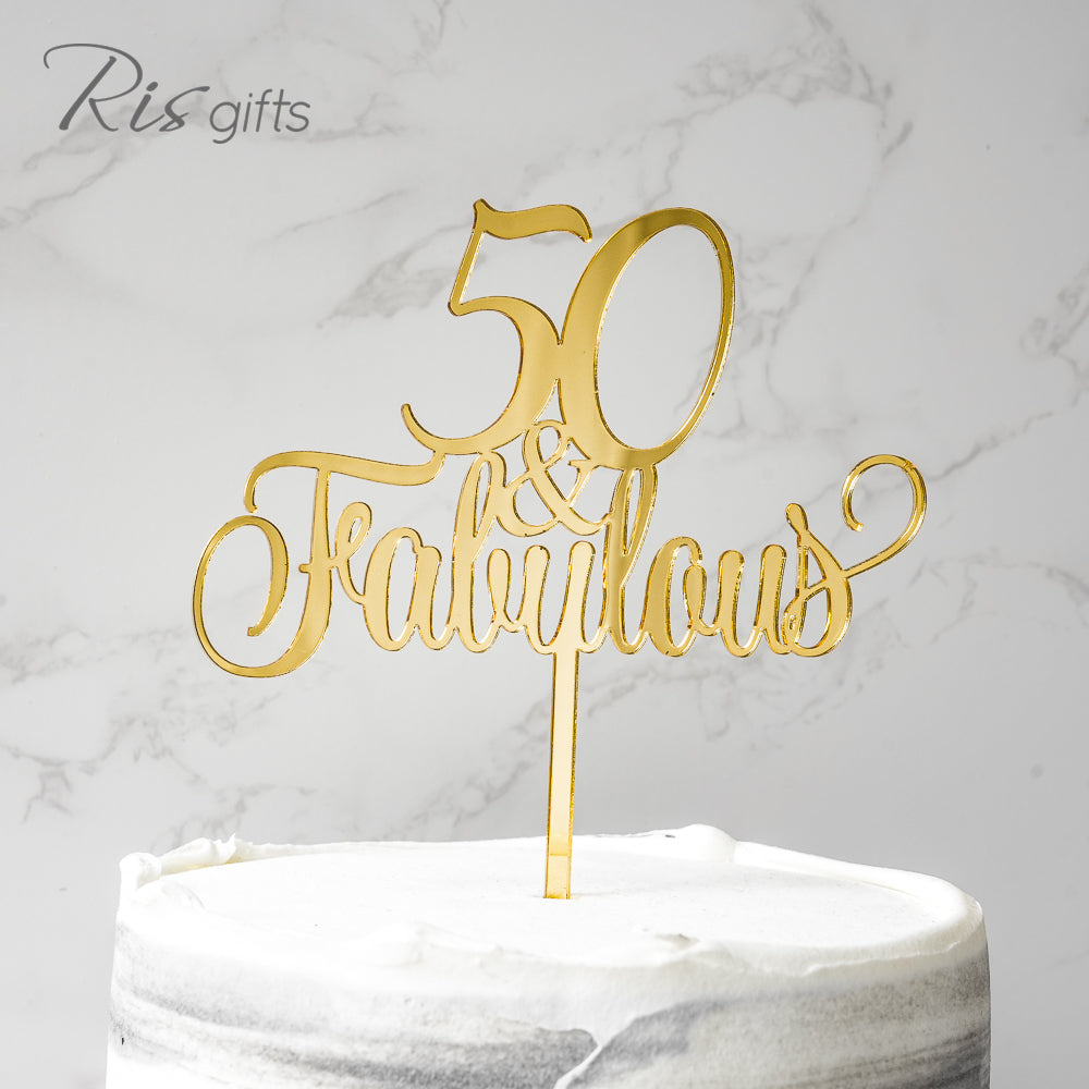 "50 & Fabulous" Gold Mirror Cake Topper | Birthday Gifts | Special Ocassions | Cake Decoration | Made in Hong Kong