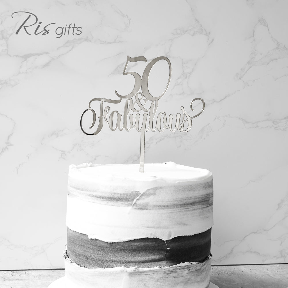"50 & Fabulous" Silver Mirror Cake Topper | Birthday Gifts | Special Ocassions | Cake Decoration | Made in Hong Kong