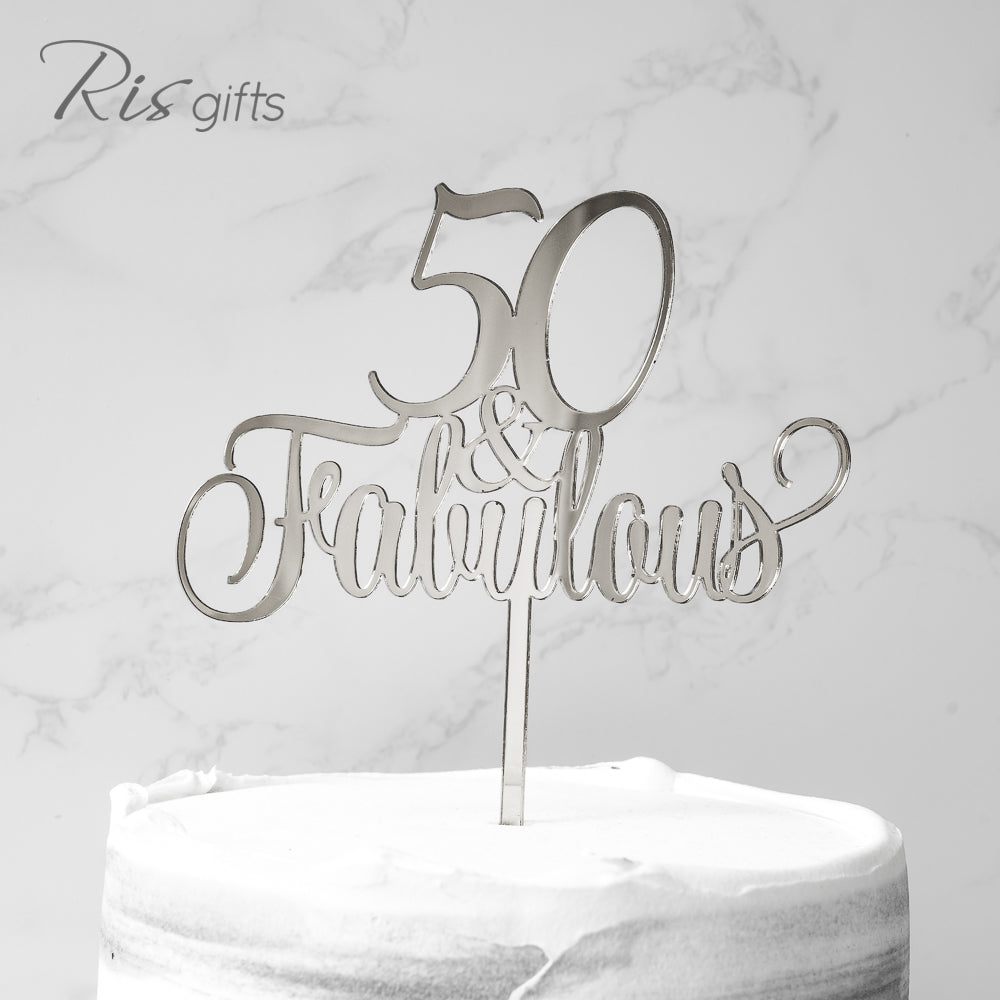 "50 & Fabulous" Silver Mirror Cake Topper | Birthday Gifts | Special Ocassions | Cake Decoration | Made in Hong Kong
