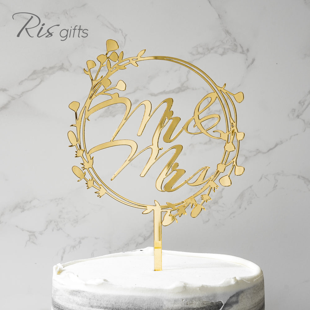 "Mr & Mrs" Floral Frame Gold Mirror Cake Topper | Birthday Gifts | Special Occasions | Cake Decoration | Made in Hong Kong