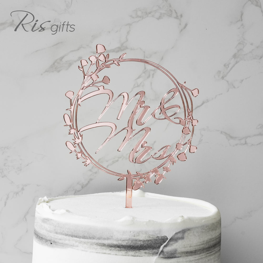 "Mr & Mrs" Floral Frame Rose Gold Mirror Cake Topper | Birthday Gifts | Special Occasions | Cake Decoration | Made in Hong Kong