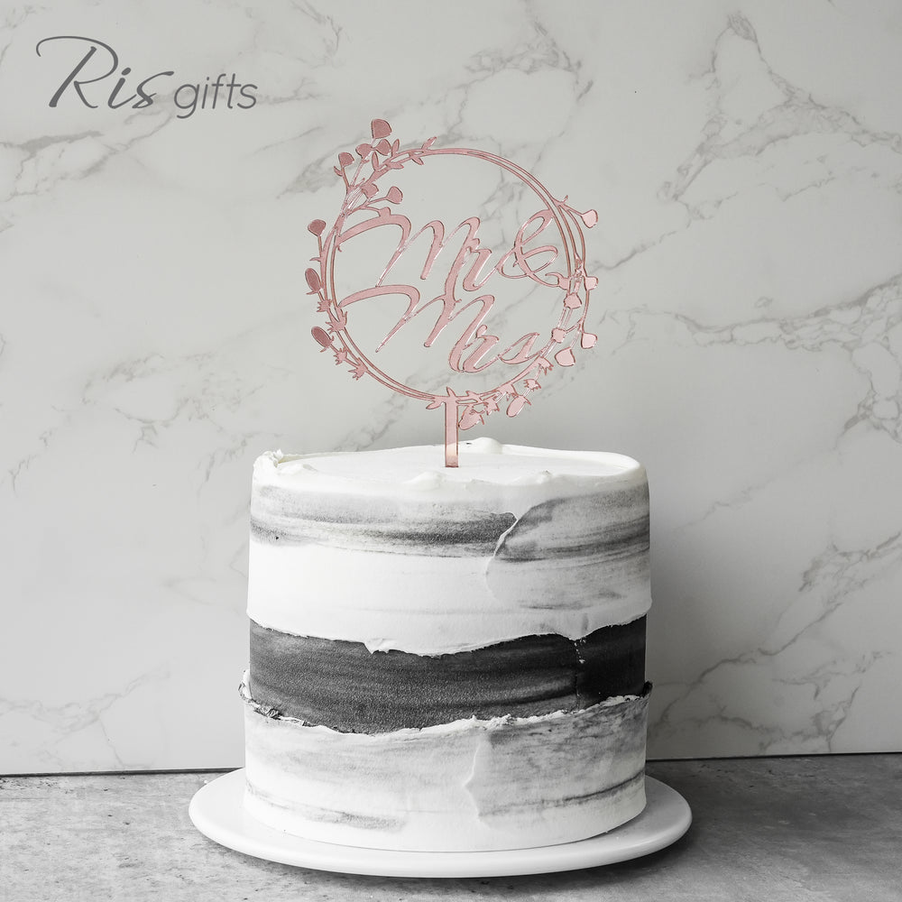 "Mr & Mrs" Floral Frame Rose Gold Mirror Cake Topper | Birthday Gifts | Special Occasions | Cake Decoration | Made in Hong Kong