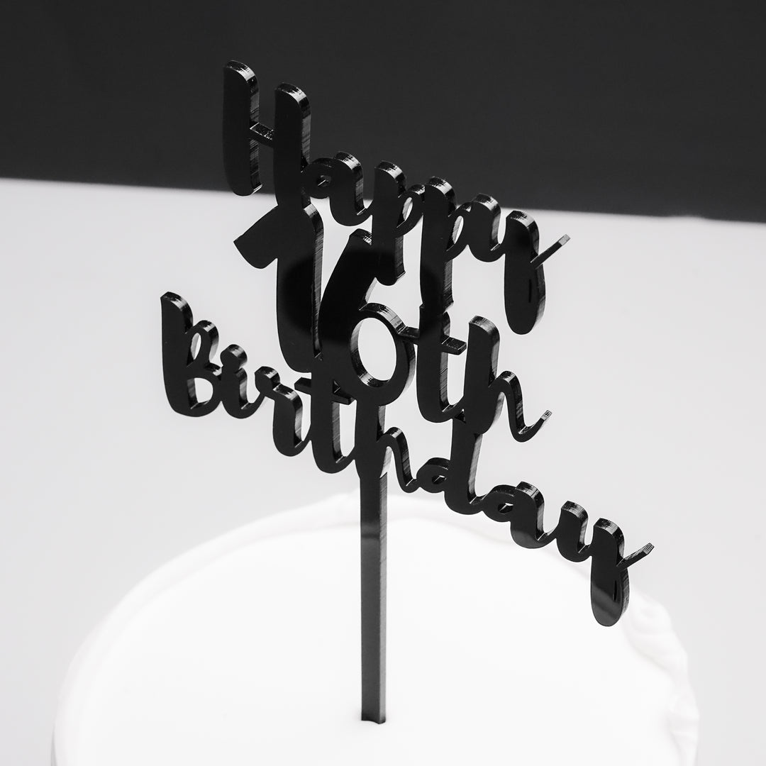 Black acrylic Happy 16th Birthday cake topper