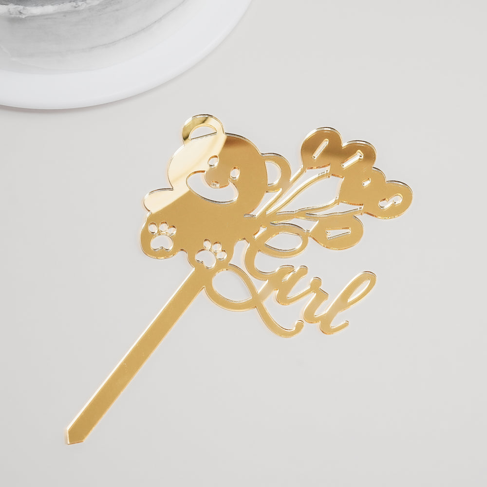 'Girl & Bear' Gold Mirror Cake Topper | Gender Reveal Gifts | Special Occasions