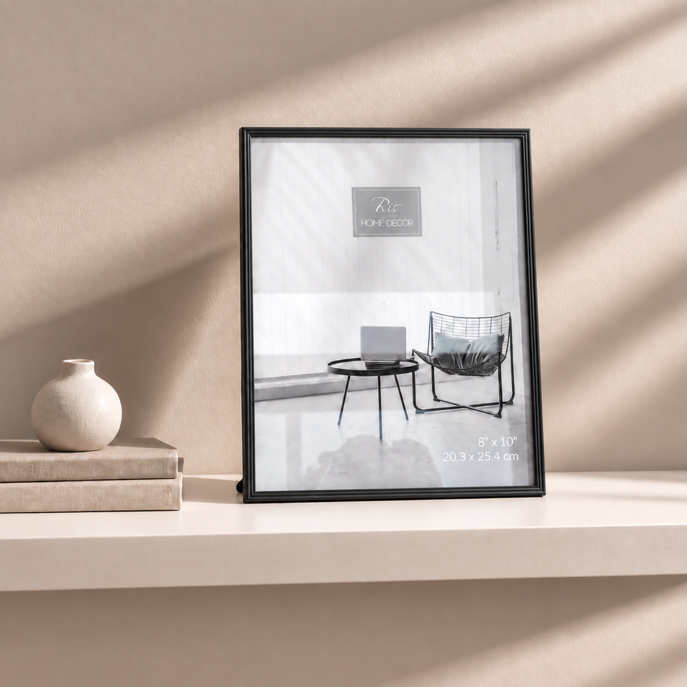 RIS SP12002-R-80 matte-black 8 x 10 inch picture frame — shelf lifestyle view