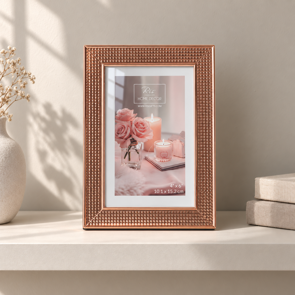RIS SP13909-R-46 rose-gold 4 x 6 inch picture frame — shelf lifestyle view